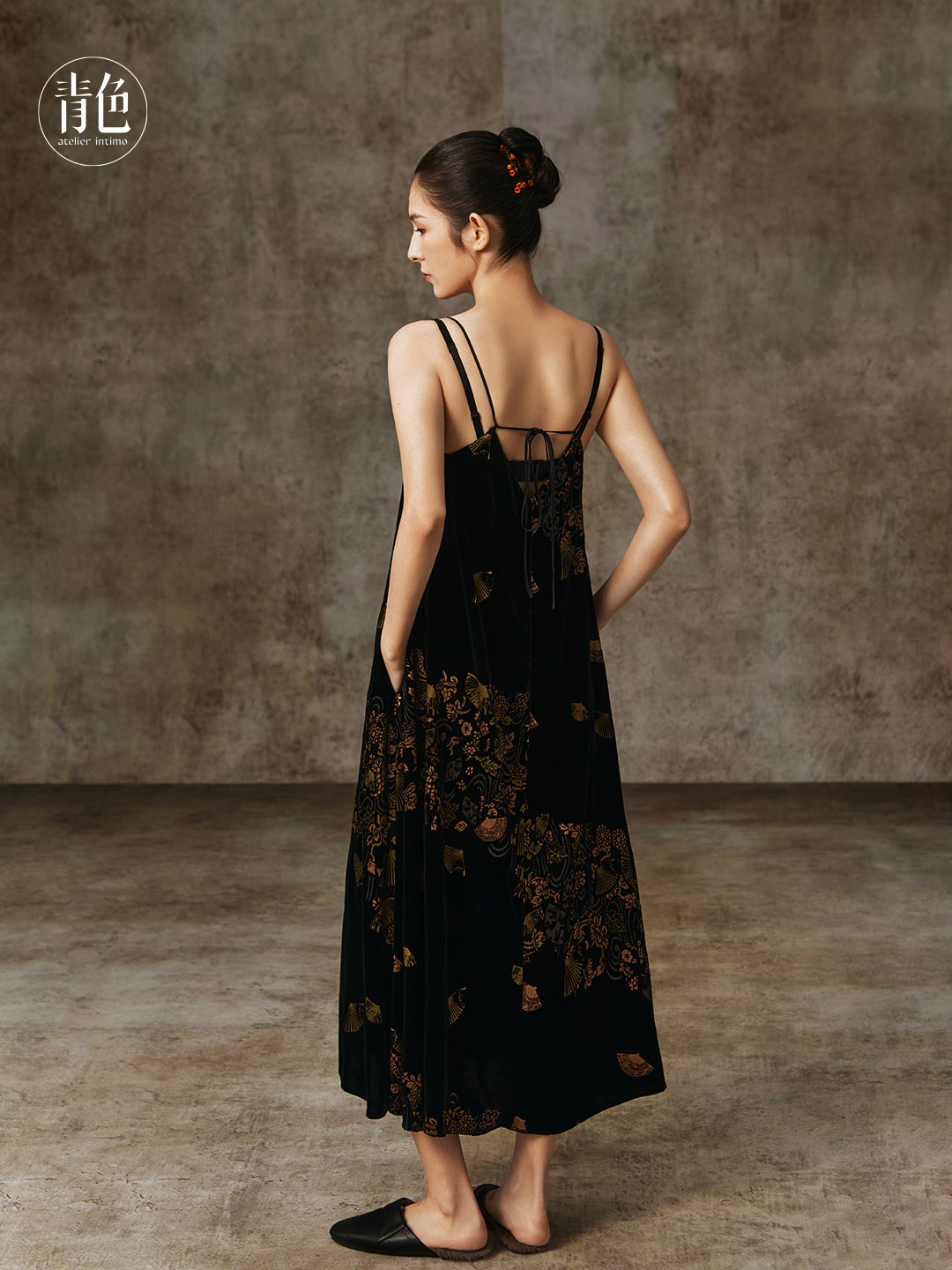 Atelier Intimo Shanying Velvet Gold Foil Print Camisole Dress