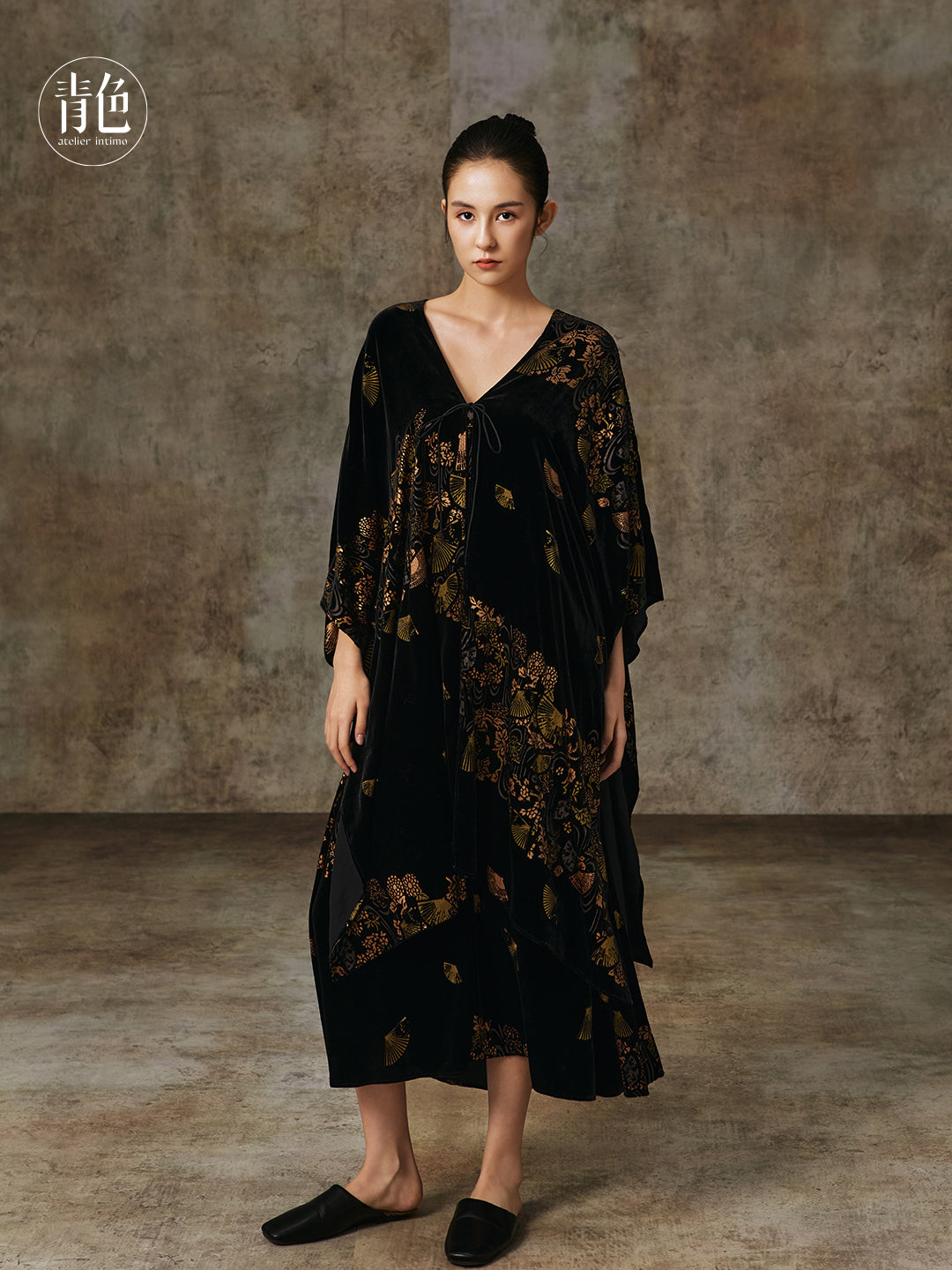 Atelier Intimo Shanying Velvet Gold Foil Print Long Robe