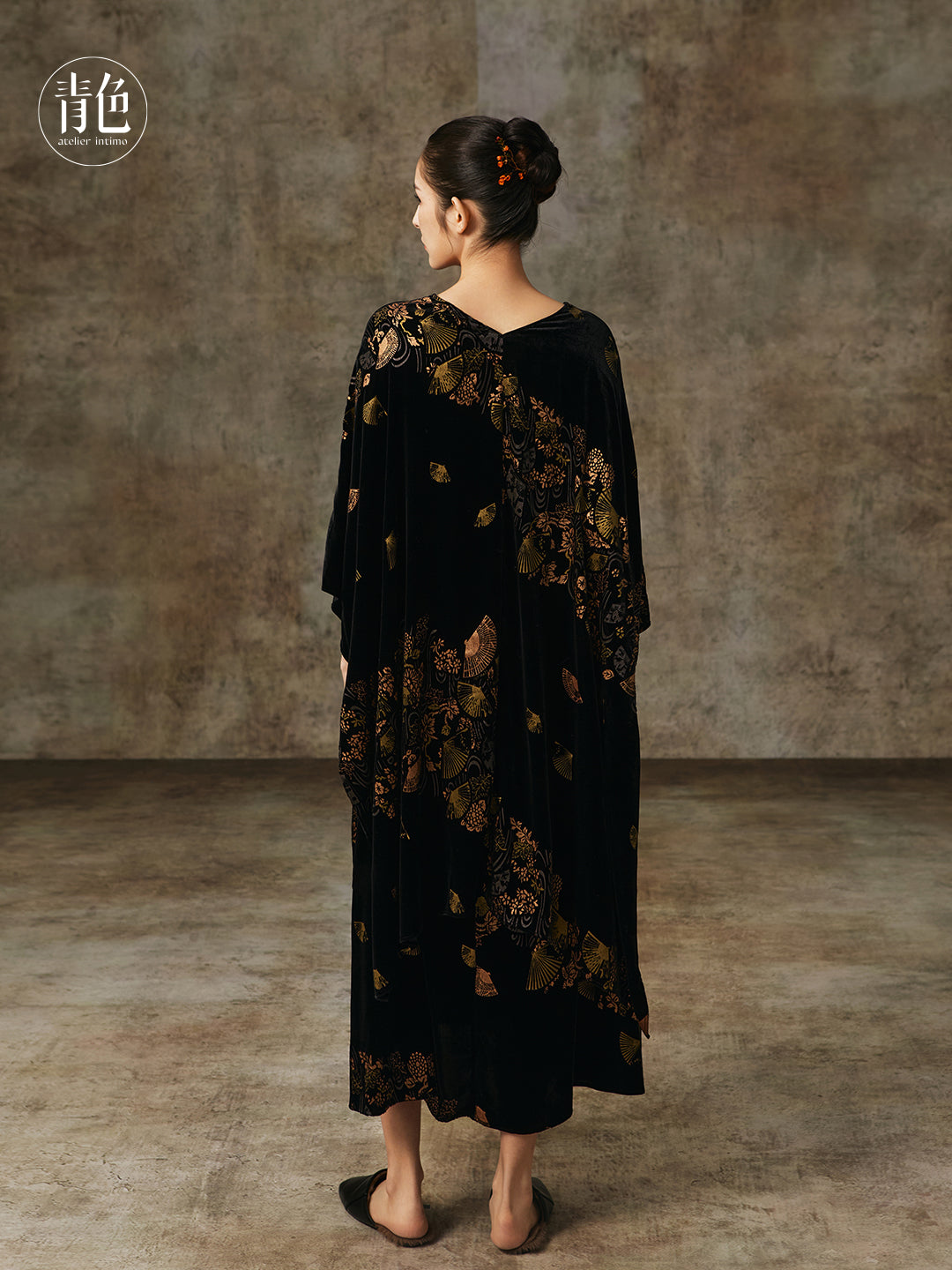 Atelier Intimo Shanying Velvet Gold Foil Print Long Robe