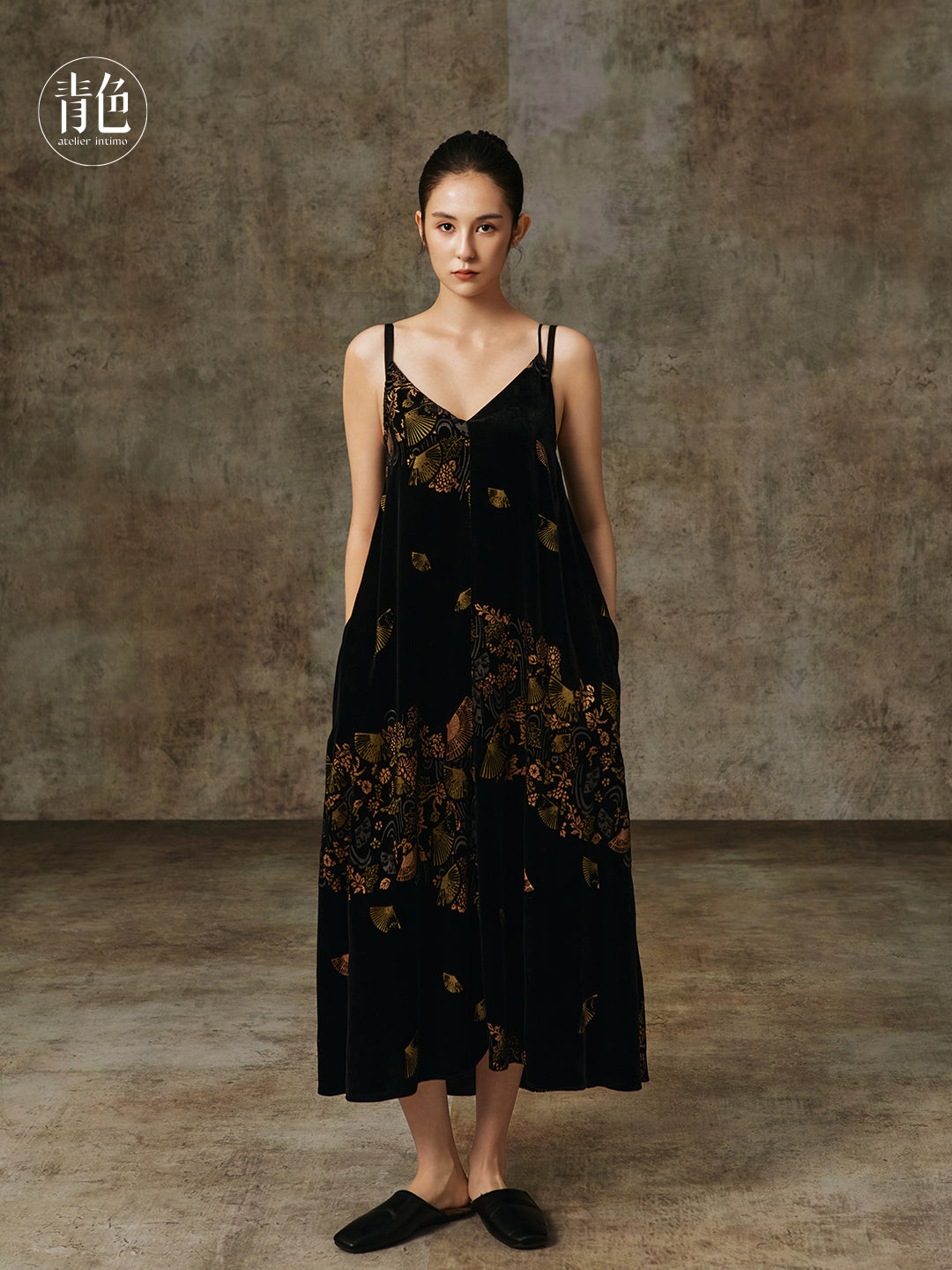 Atelier Intimo Shanying Velvet Gold Foil Print Camisole Dress